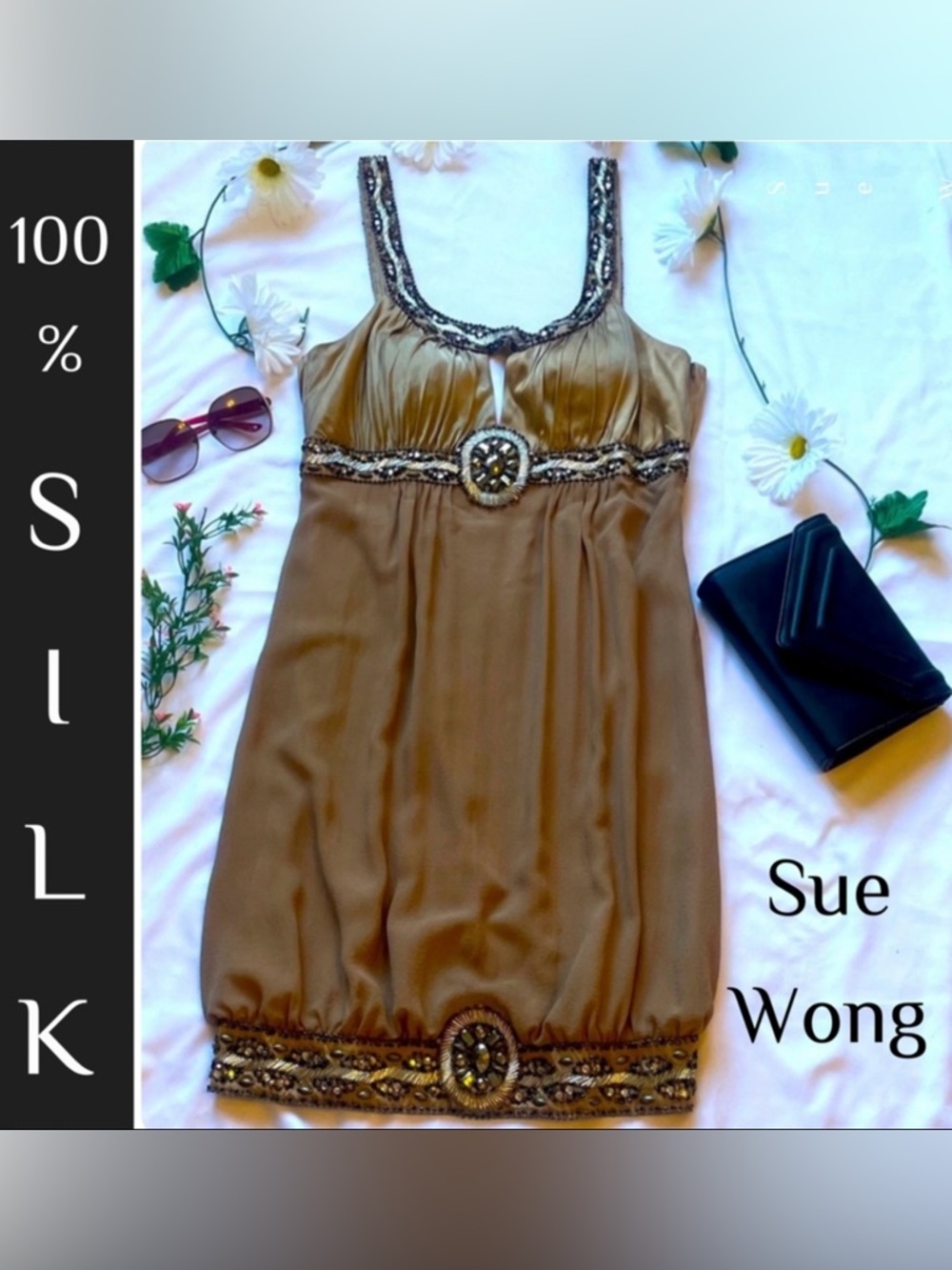 Sue Wong 100% Silk Beaded Backless Dress Champagne Gatsby Glam Tan 10